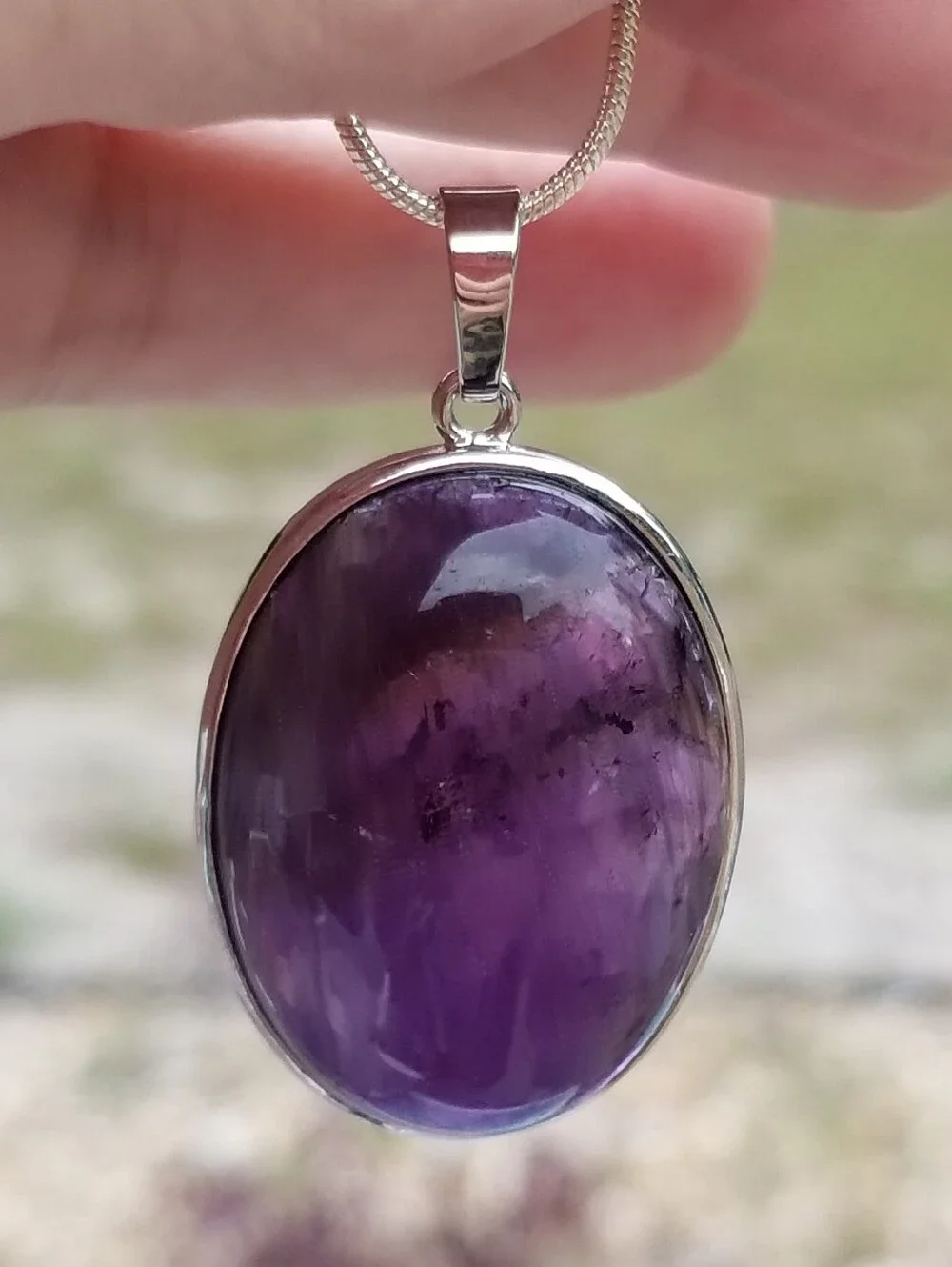 Sterling Silver Large Oval Amethyst Cabochon Pendant Necklace, Amethyst Jewelry